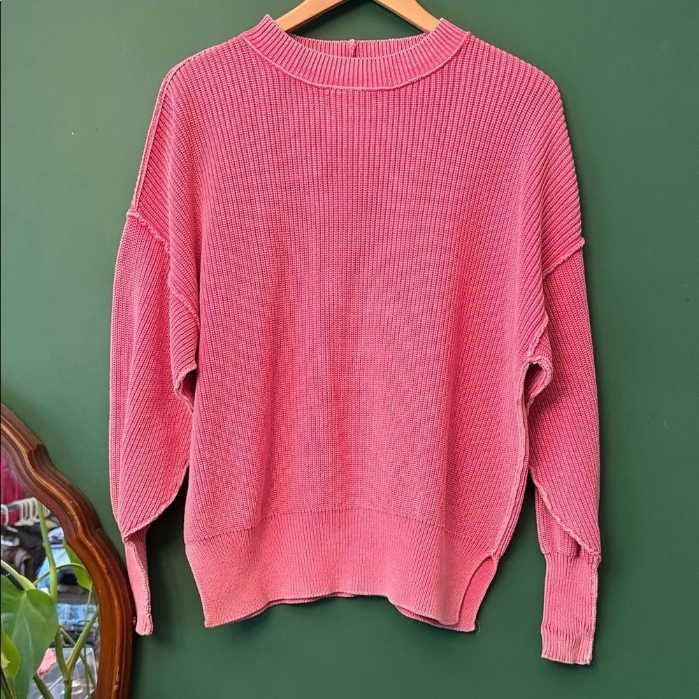 Aerie Bright Pink Womens S Drop-Sleeve Cotton Crew Neck Sweater Lounge